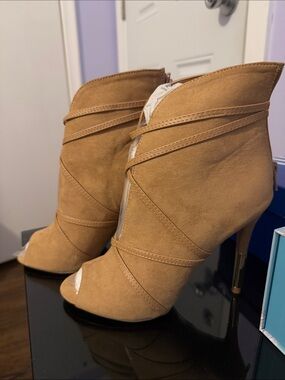 Qupid Tan Suede Peep-Toe Stiletto Ankle Boots